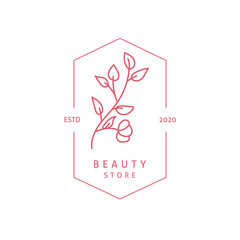 Vector botanical logo design template in trendy line art minimal style with geometric frame. Emblem or frame symbols for cosmetics, wedding, skincare and natural products.