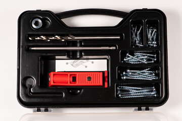 Red Pocket hole jig, dowel jig isolated image on white background