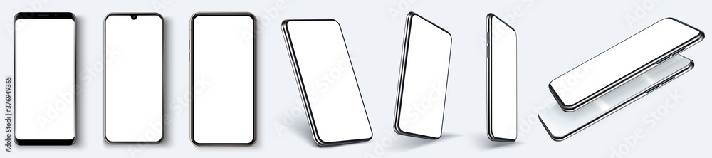 Leinwandbilder Cellphone frame with blank display isolated templates, phone different angles views. Mockup smartphone device collection with thin frame and blank screen isolated. Vector template app or ux design.