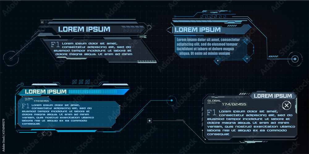 Wall mural Callouts titles. Callout bar labels, information call box bars and modern digital info. Tech digital info boxes hud templates. Futuristic set frame or advertising communication. Vector illustration