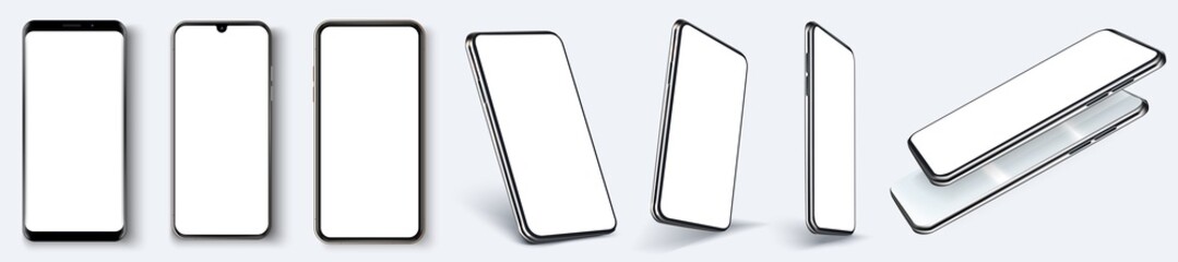 Cellphone frame with blank display isolated templates, phone different angles views. Mockup smartphone device collection with thin frame and blank screen isolated. Vector template app or ux design.