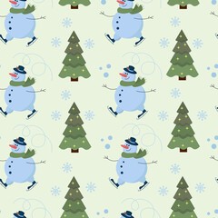 Vector seamless pattern with snowman in the hat and scarf skating near the Christmas tree with snowflakes. For Christmas decorations.