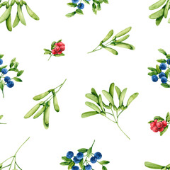 Seamless pattern with watercolor forest berries and maple seed. Hand drawn illustration is isolated on white. Floral ornament is perfect for autumn design, interior wallpaper, fabric textile print