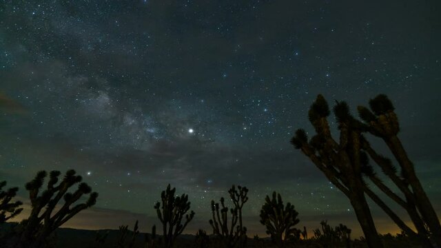  Astro timelapse of Milky Way galaxy rising through Joshua Trees in Mojave Desert in California
