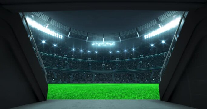 Entrance tunnel leading to illuminated universal stadium with green grass and full of fans. Glowing stadium lights in 4k video background.