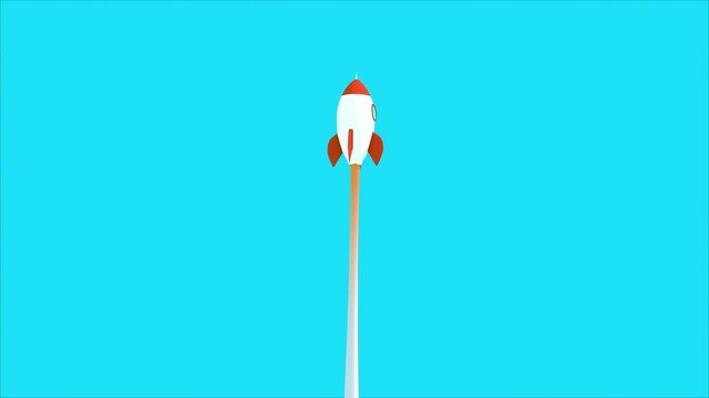 Colorful Animated Spaceship Taking Off. 3d Cartoon Space Rocket on Blue Background. Isolated Contemporary Art Rocket Launcher. Start up or Growth Business Plan Innovation and Success Concept 4K Loop