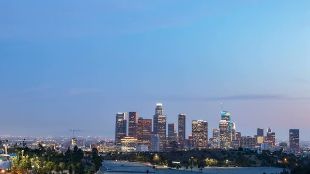  Timelapse of downtown Los Angeles city lights at twilight