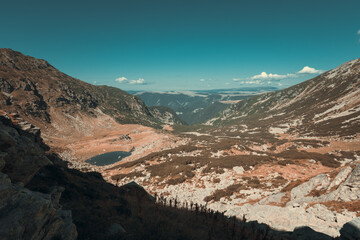 Amazing mountains landscape with glaciar lake in autumn season