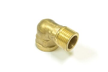 90 Degree brass elbow fitting on white background, Isolated.