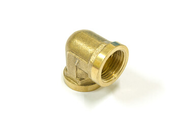 90 Degree brass elbow fitting on white background, Isolated.