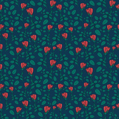 Seamless botanical floral blue pattern with red roses
