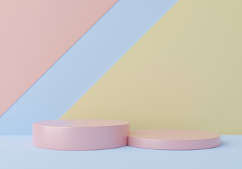 3d illustration pedestal,geometric step pink cylinder podium platform for cosmetic product presentation.design empty space. Abstract composition in pastel background modern style..