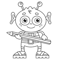 Coloring Page Outline Of a cartoon little alien with pencil. Space. Coloring book for kids.