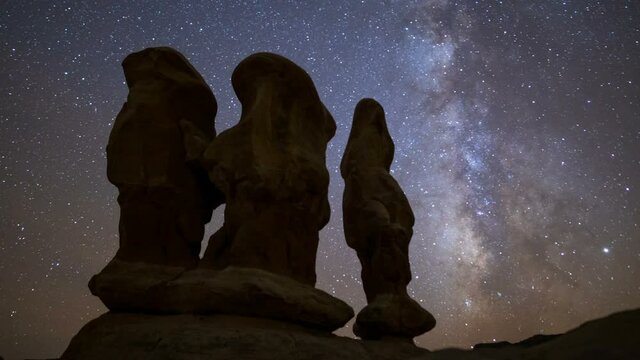  Time lapse of Milky Way galaxy over hoodoos at Devils Garden in Grand Staircase Escalante National Monument in Utah