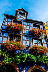 Fototapeta na wymiar The colorful facades of the houses of the village of Riquewhir, in Alsace, France,