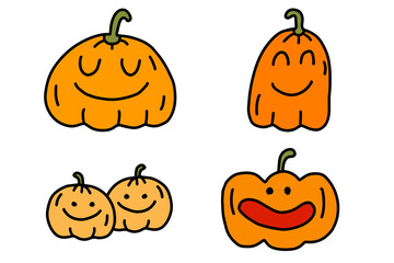 Cute pumpkin set. Cartoon doodle character collection isolated on white background. Vector illustration. Concept of Halloween.