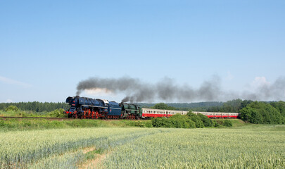 Fototapeta na wymiar Czech and Slovakia historic train. This train is photography near Nove Straseci city.
