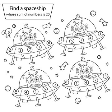 Find a spaceship whose sum of numbers is 20. Puzzle Game. Coloring Page Outline Of a flying saucer with cartoon alien. Coloring book for kids.