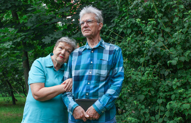 Elderly couple stands against a background of green foliage in the park. International Day of Older Persons and Grandparents Day