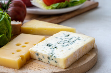 Cheese collection, French fol epi  cheese with many little holes, etorki, tomme noire des pyrenees and ossau iraty cheese