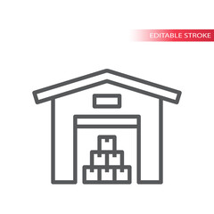 Warehouse with stacked boxes line vector icon. Storage building simple symbol, outline, editable stroke.