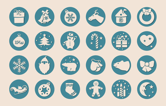 Christmas flat icons for web design and mobile app. Beige pictures on blue circles. Sweet christmas candy cane, gingerbread house, man and other