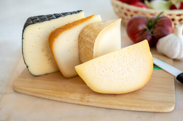 Cheese collection, French fol epi  cheese with many little holes, etorki, tomme noire des pyrenees and ossau iraty cheese