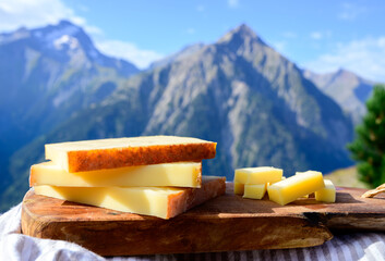 Cheese collection, French comte, beaufort or abondance cow milk cheese served outdoor with Alps...