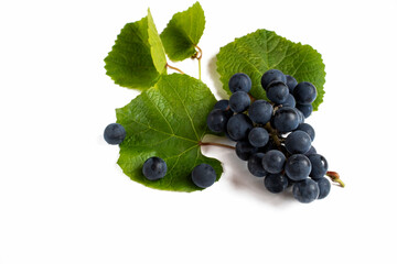 Bunch of red grapes with leaves on a white background