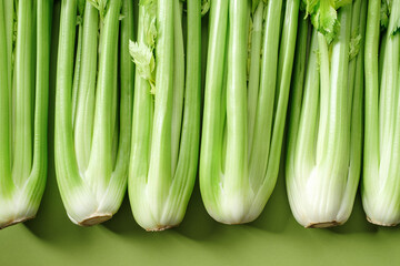 fresh bunches of celery on a green background