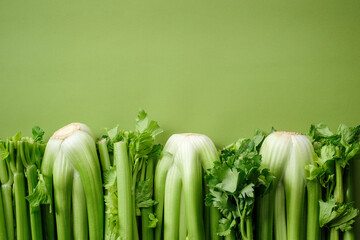 fresh bunches of celery on a green background
