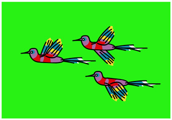 bunch of exotic birds on green background. Vector drawing for illustrations.