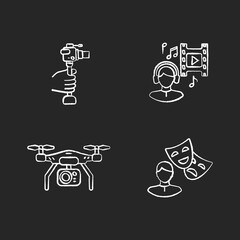 Produce film chalk white icons set on black background. Lightweight minicamera for hobby filmmaking. Musical director for movie. Equipment for television. Isolated vector chalkboard illustrations