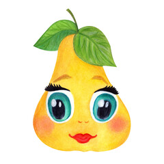 Colorful watercolor illustration of cartoon pear with cheerful face and blue eyes.  Template design for greeting cards, advertising, prints, home decor, announcements, postcards.
