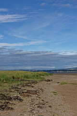 The High Tide line of Shell and seaweed debris against the small grass covered undulating dues of the Tay Estuary at Low tide in August.