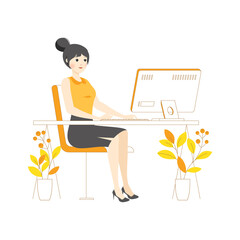 Fashion character woman girl concept Illustration work on desktop computer typing