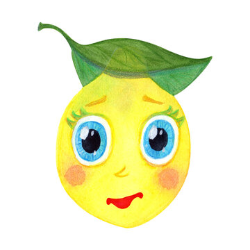 Cartoon fruit lemon with funny face wearing a leaf cap. Watercolor illustration for kids design, apparel,  postcards, invitations, posters.