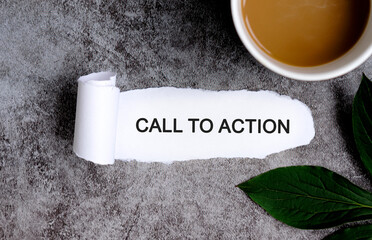 Call To Action with cup of coffee and green leaf