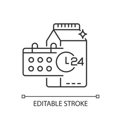 Product dates linear icon. Expiration deadline for milk. Grocery food. 24 7 supermarket. Thin line customizable illustration. Contour symbol. Vector isolated outline drawing. Editable stroke