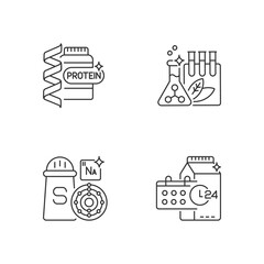 Food supplements linear icons set. Protein supplement for body building. Chemical preservatives. Customizable thin line contour symbols. Isolated vector outline illustrations. Editable stroke