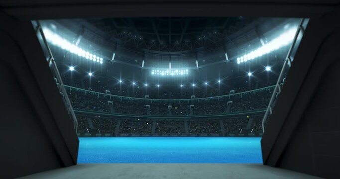 Entrance tunnel leading to illuminated tennis stadium with blue ground and full of fans. Glowing stadium lights in 4k video background.