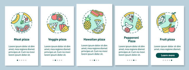 Top pizza types onboarding mobile app page screen with concepts. Different ingredients meal. Pizzeria menu walkthrough 5 steps graphic instructions. UI vector template with RGB color illustrations