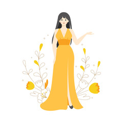 Fashion Model character Style Pose Flower Botanical Illustration Wearing Sexy Glamour Party Dress