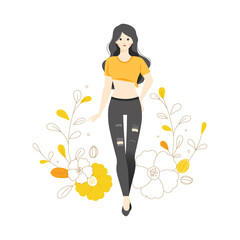 Fashion Model character Style Pose Flower Botanical Illustration Teen Wearing Ripped Jeans T shirt