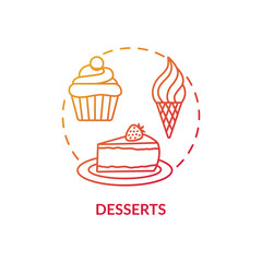 Desserts concept icon. Sweet meals variety. Best dishes for kids. Delicious sugary foods. Restaurant sweets menu idea thin line illustration. Vector isolated outline RGB color drawing
