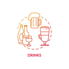 Drinks concept icon. Refreshing tasty liquids. Wide drinking choice. Bar wide menu. Restaurant alcohol variety idea thin line illustration. Vector isolated outline RGB color drawing