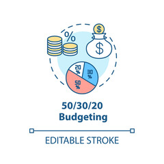 Budgeting concept icon. Money dividing ideas. Best saving strategies. Investing in future. Wealthy lifestyle idea thin line illustration. Vector isolated outline RGB color drawing. Editable stroke