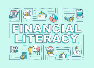 Financial literacy word concepts banner. Banking analytics. Infographics with linear icons on mint green background. Isolated typography. Vector outline RGB color illustration