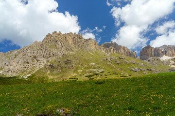 Mountain landscape along the road to Pordoi pass, Dolomites