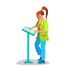 Woman Use Self-service Kiosk Digital Device Vector
